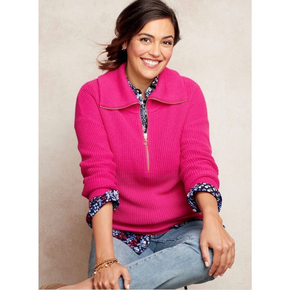 Talbots Zip Collar Sweater Fuchsia Gold M